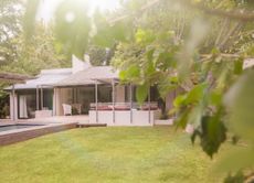 Lawn in backyard with house and pool