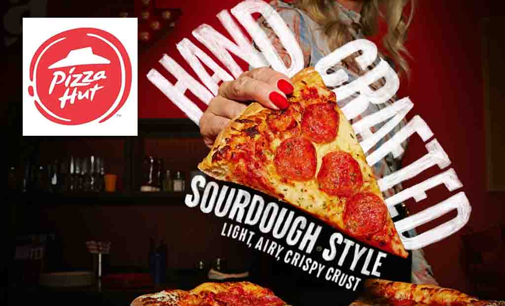 Pizza Hut logo placed over graphic advertisment of sourdough hand crafted pizza 