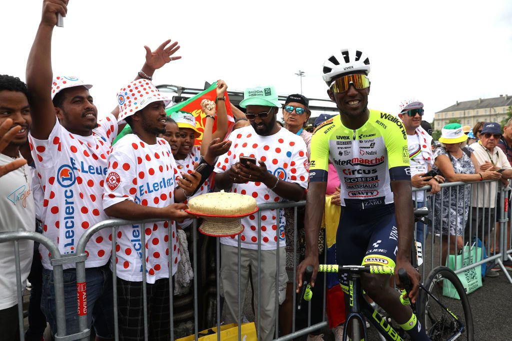 PAU FRANCE JULY 05 Biniam Girmay of Eritrea and Team IntermarchCircusWanty prior to stage five of the 110th Tour de France 2023 a 1627km stage from Pau to Laruns UCIWT on July 05 2023 in Pau France Photo by Michael SteeleGetty Images