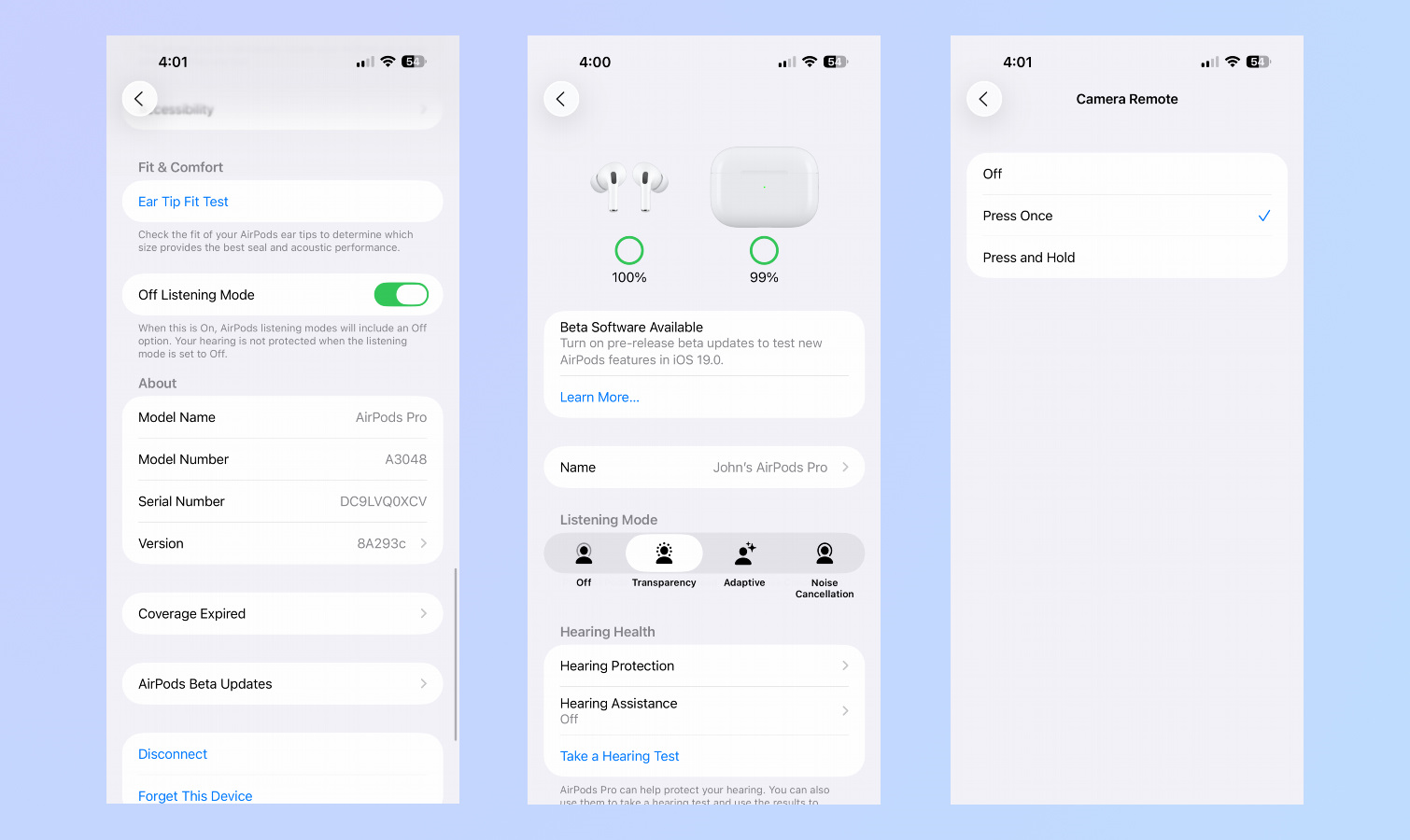 Screenshots of AirPods iOS 26 beta features.