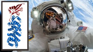 an astronaut floats in space beside a superimposed graphic of a protein