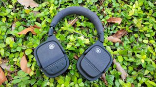 The Yamaha YH-L700A headphones resting on a bed of green leaves