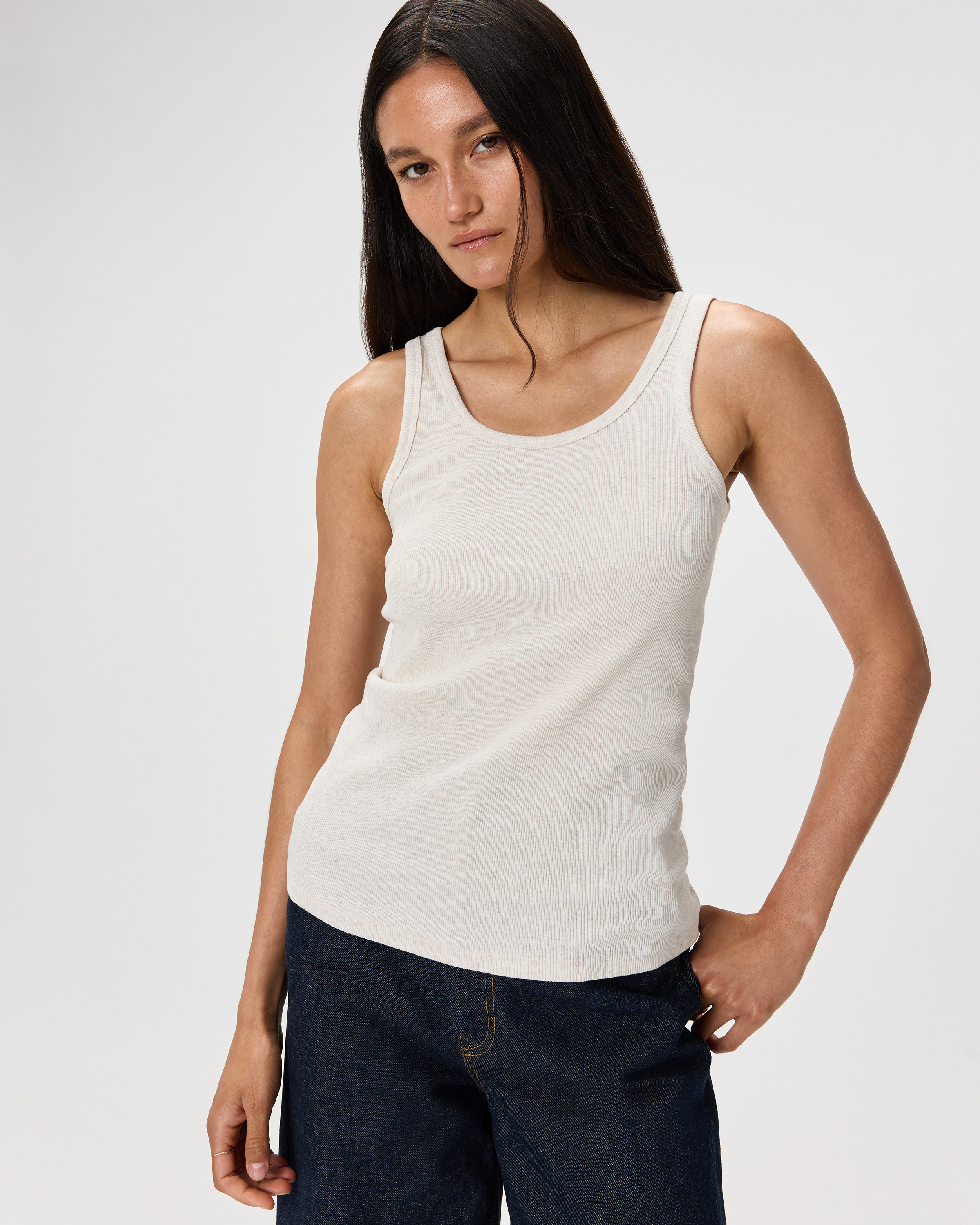 Organic Cotton Micro-Rib Scoop Neck Tank in Heather Oatmeal