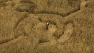 A man stands in the middle of an elaborate crop circle