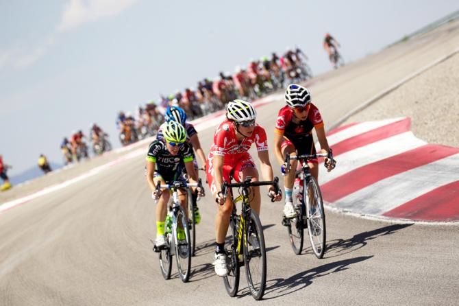 Amy Phillips (Pepper Palace Pro Cycling), Amber Neben (SKINourishment pb Paceline Projects), and Patricia Schwager (Team Tibco) off the front of the pack in the Wind Up at Miller Motorsports Park.