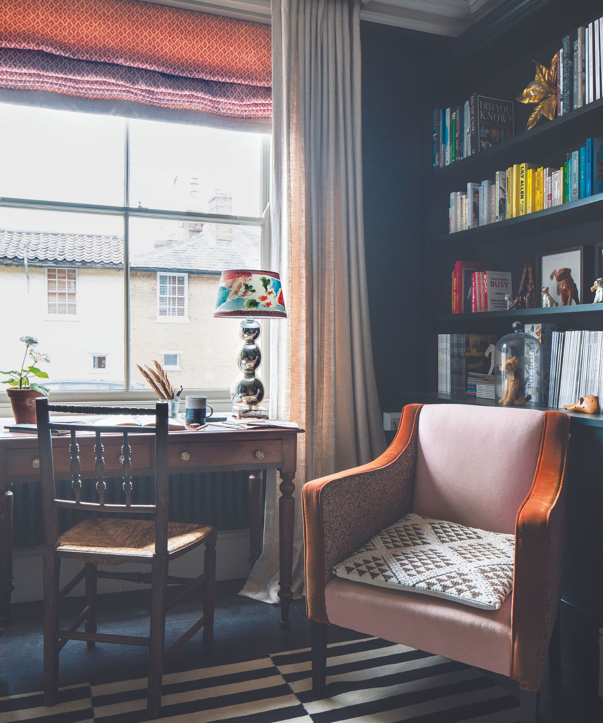 Armchair, black and white stripped, black shelves