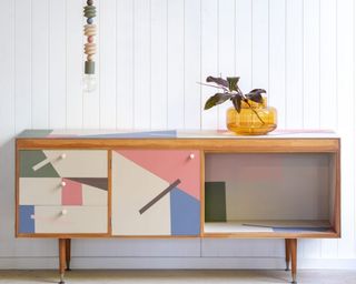 Geometric mid-century sideboard by Annie Sloan painter in residence Polly-Coulson