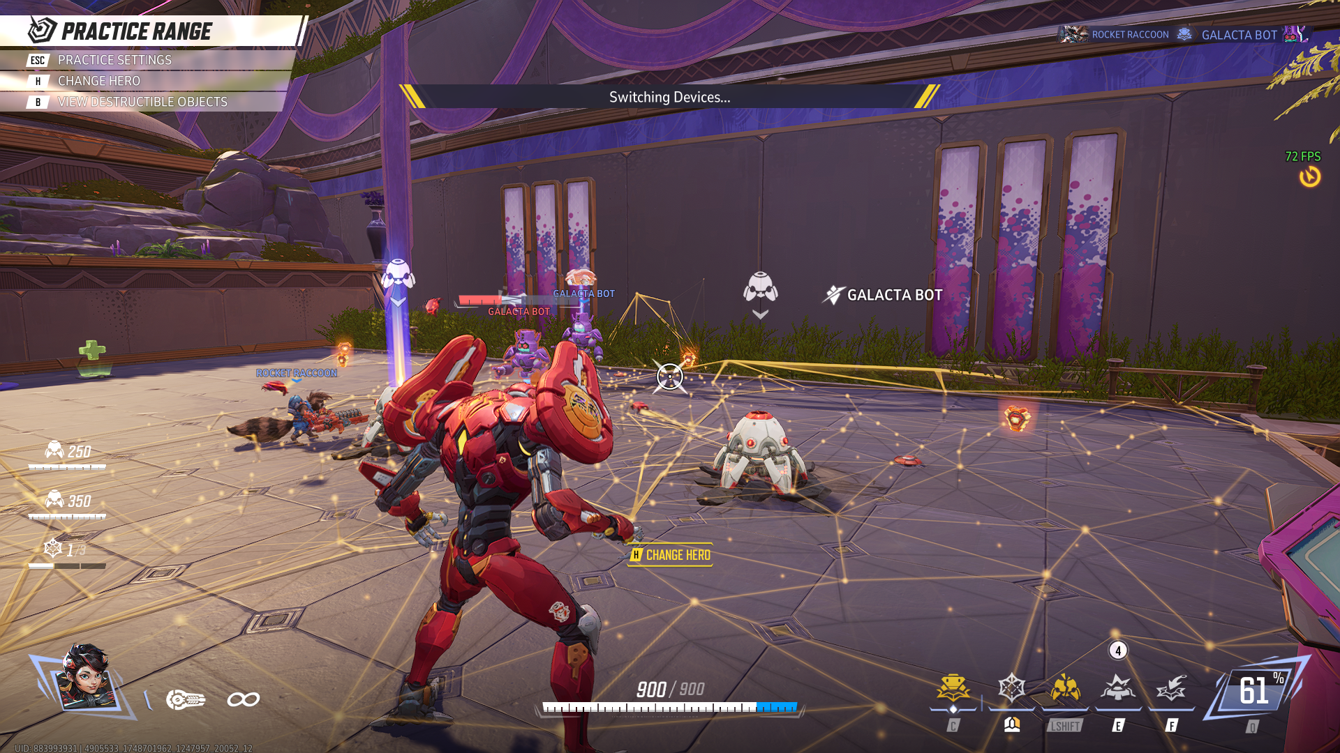 Peni Parker stands in the Practice Range, with spider webs and mines deployed all around her