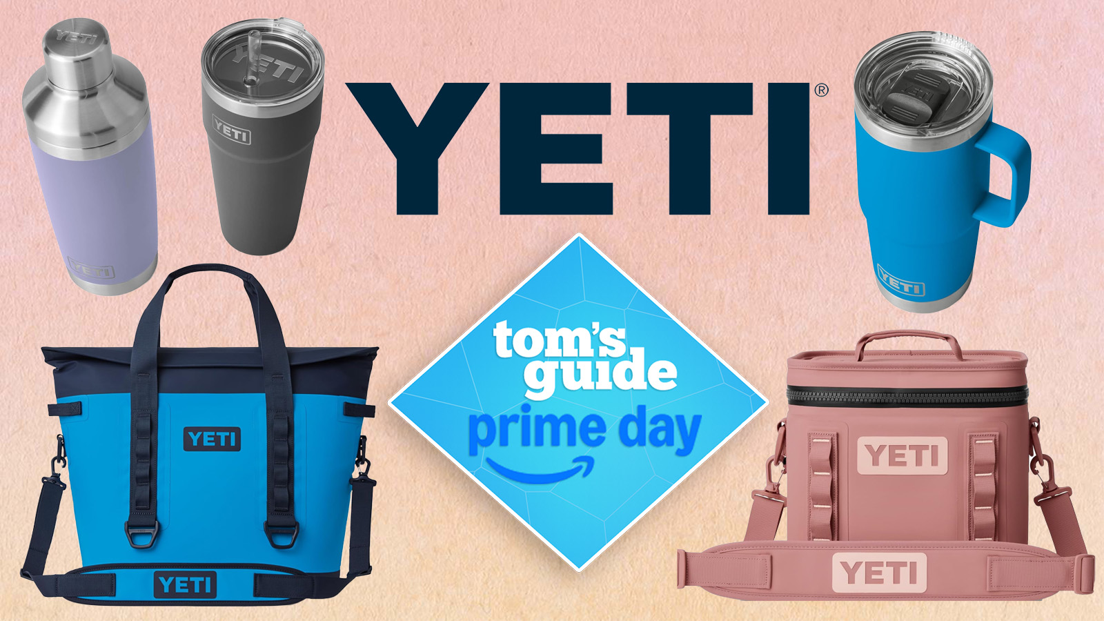 a peach background image with three yeti drinking tumblers, two yeti cool bags, with a yeti logo and the tom&#039;s guide prime day deal badge