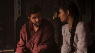 Perrin Aybara (Marcus Rutherford) chatting with Egwene al'Vere (Madeleine Madden) in The Wheel of Time season 1