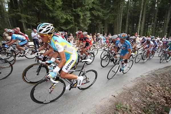 Alberto Contador (Astana) is trailed by Thomas Voeckler.