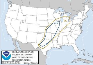 The probability for severe weather within 25 miles on Sunday.