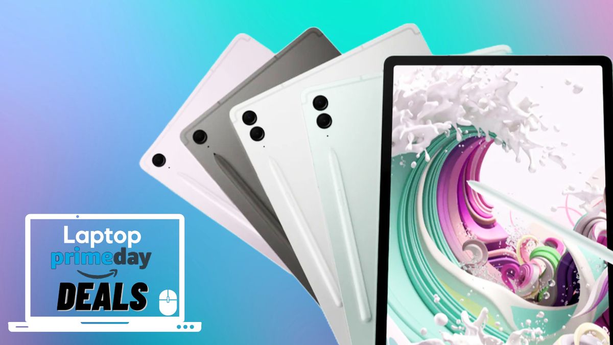 The Samsung Galaxy Tab S9 FE Plus in four different colors in front of an abstract background with the Laptop Prime Day icon