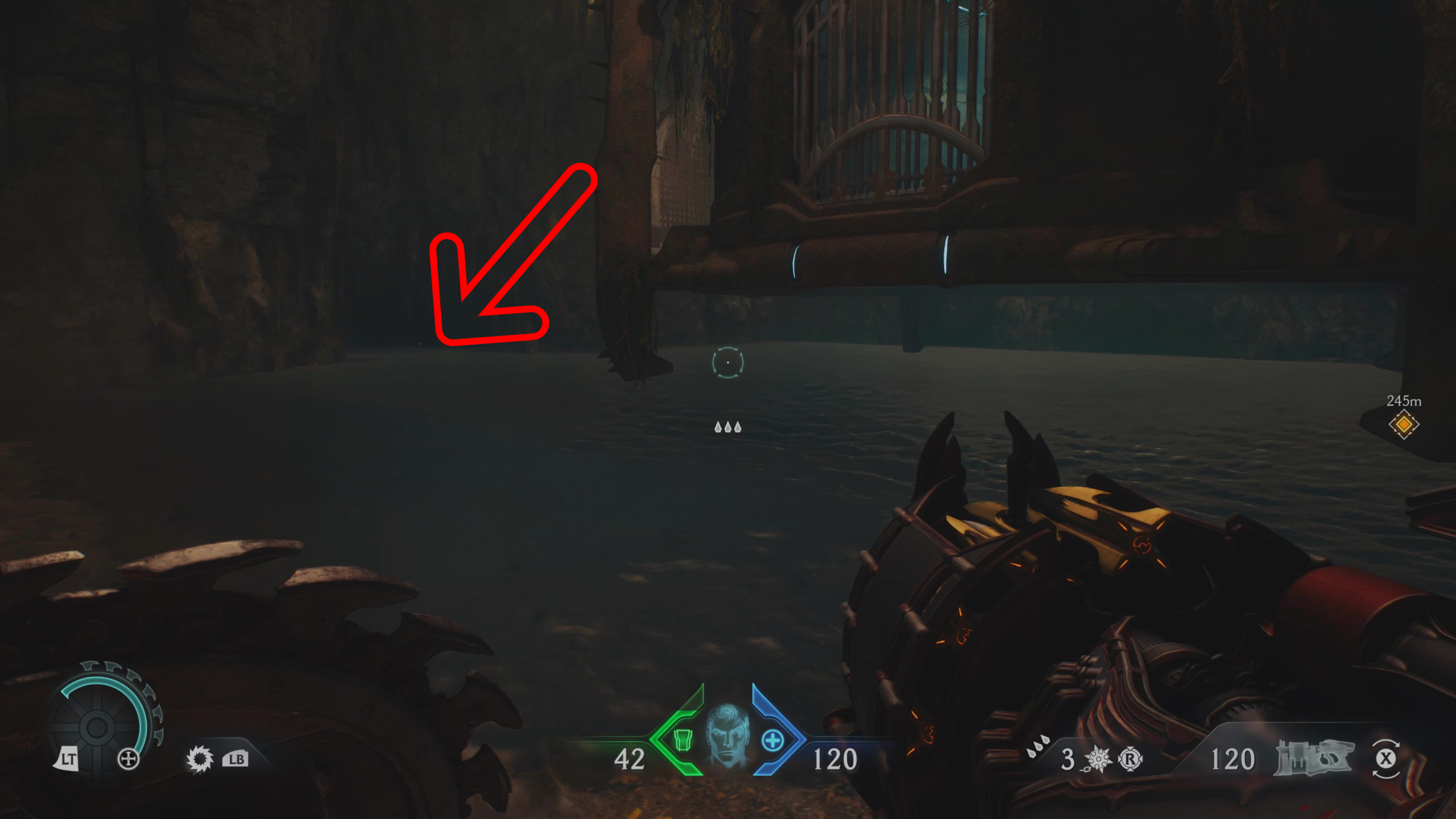 Doom: The Dark Ages Siege Part 1 secrets - An arrow pointing towards a hidden underwater tunnel inside a cave.