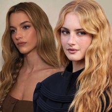 A model with golden strawberry blonde hair and Grace Van Patten