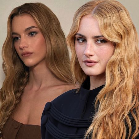 A model with golden strawberry blonde hair and Grace Van Patten