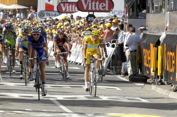 Alberto Contador (Astana) finishes stage 16.