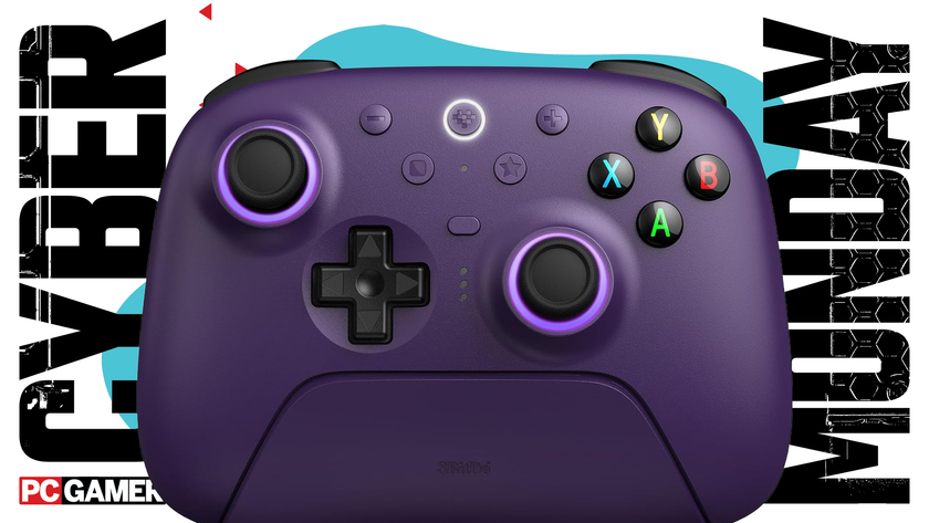A controller on a blue Cyber Monday background