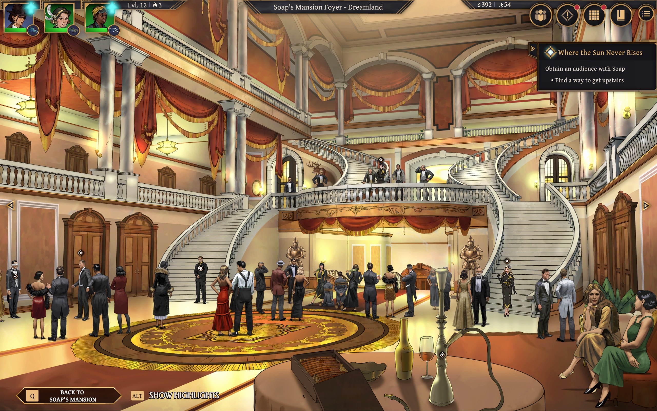 A party in a lavish 1930s mansion