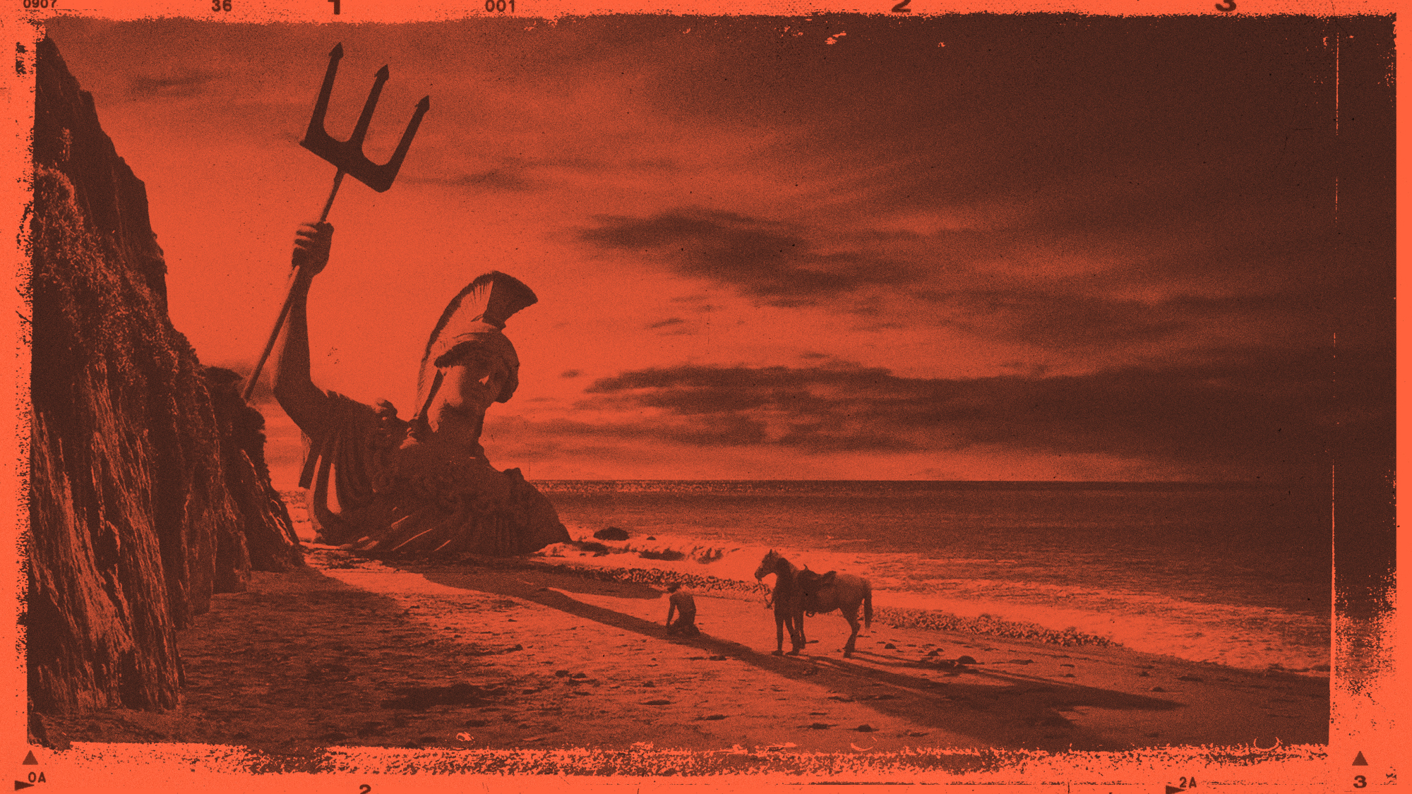 Photo composite illustration of a statue of Britannia parody of the final scene of Planet of the Apes
