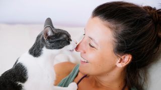 Cat licking female owner on nose