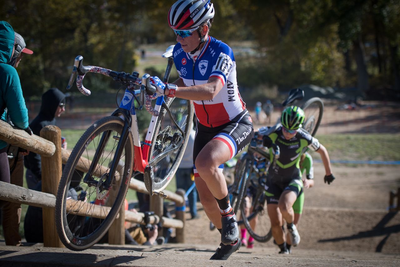 Caroline Mani on the stairs at the US Open of Cyclo-cross