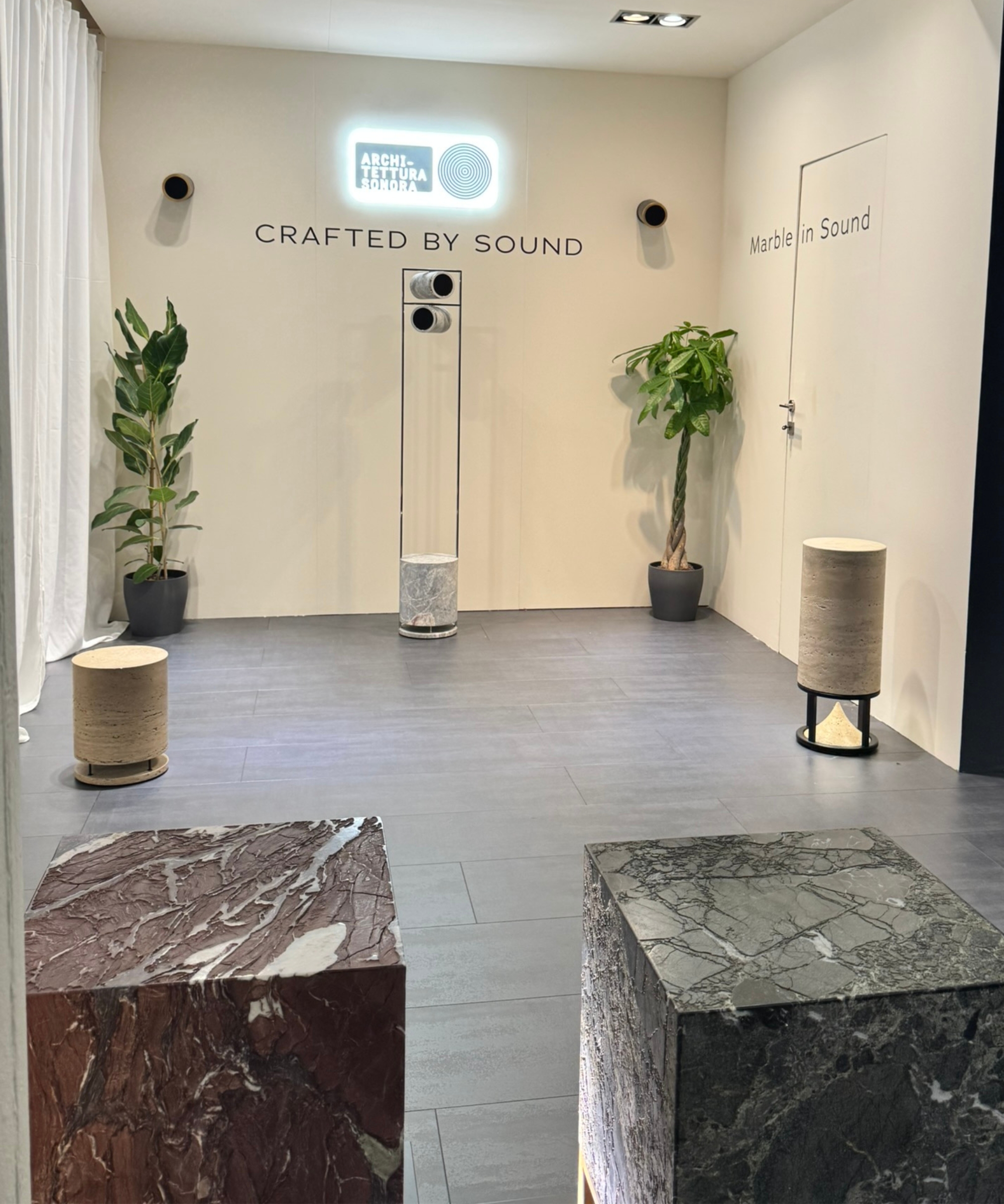 Architettura Sonora's marble light fixtures on display at ISE Barcelona 2026.
