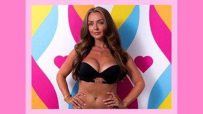 Kady McDermott pictured in front of a pink, blue and yellow backdrop for Love Island season 10/ in a pink template