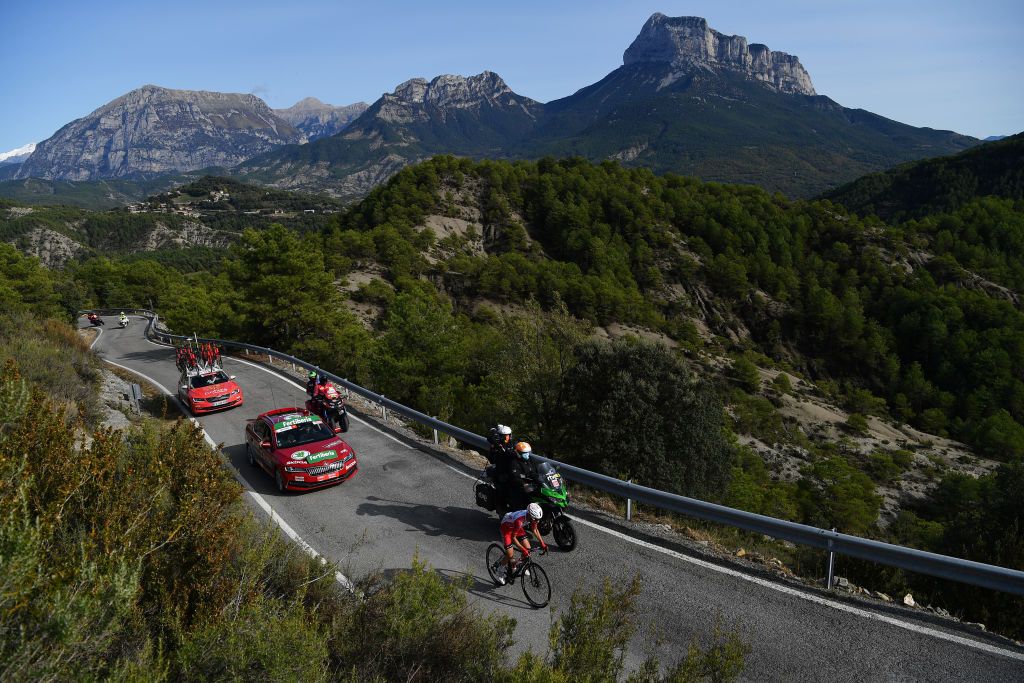 SABIANIGO SPAIN OCTOBER 24 Guillaume Martin of France and Team Cofidis Solutions Credits Alto de Vio 1260m Mountains Landscape during the 75th Tour of Spain 2020 Stage 5 a 1844km Huesca to Sabinigo 835m lavuelta LaVuelta20 La Vuelta on October 24 2020 in Sabinigo Spain Photo by Justin SetterfieldGetty Images