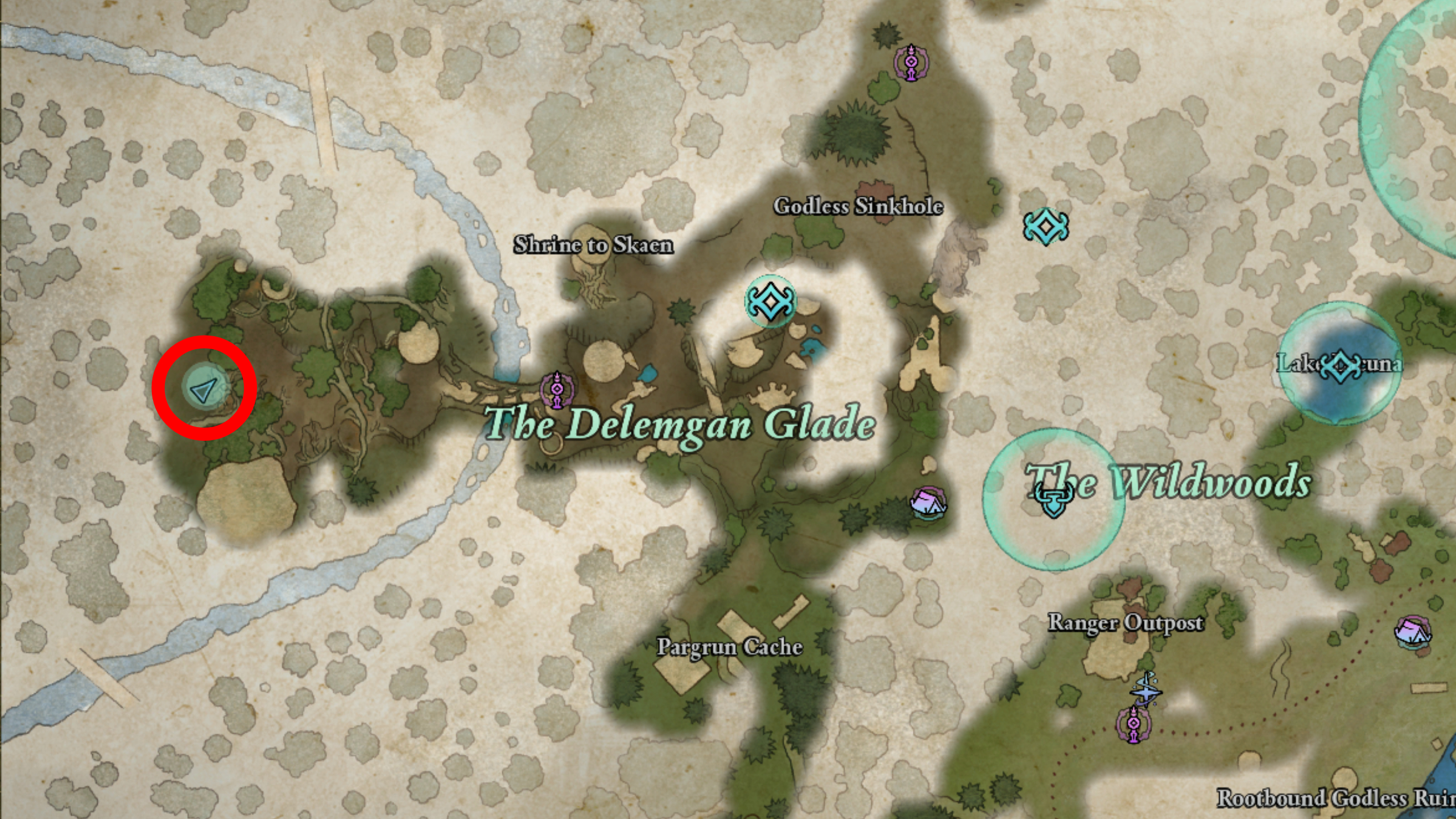 Avowed Totem of Defiance locations - A map showing the location of the Obsidian Prayer Beads in the Delemgan Glade.