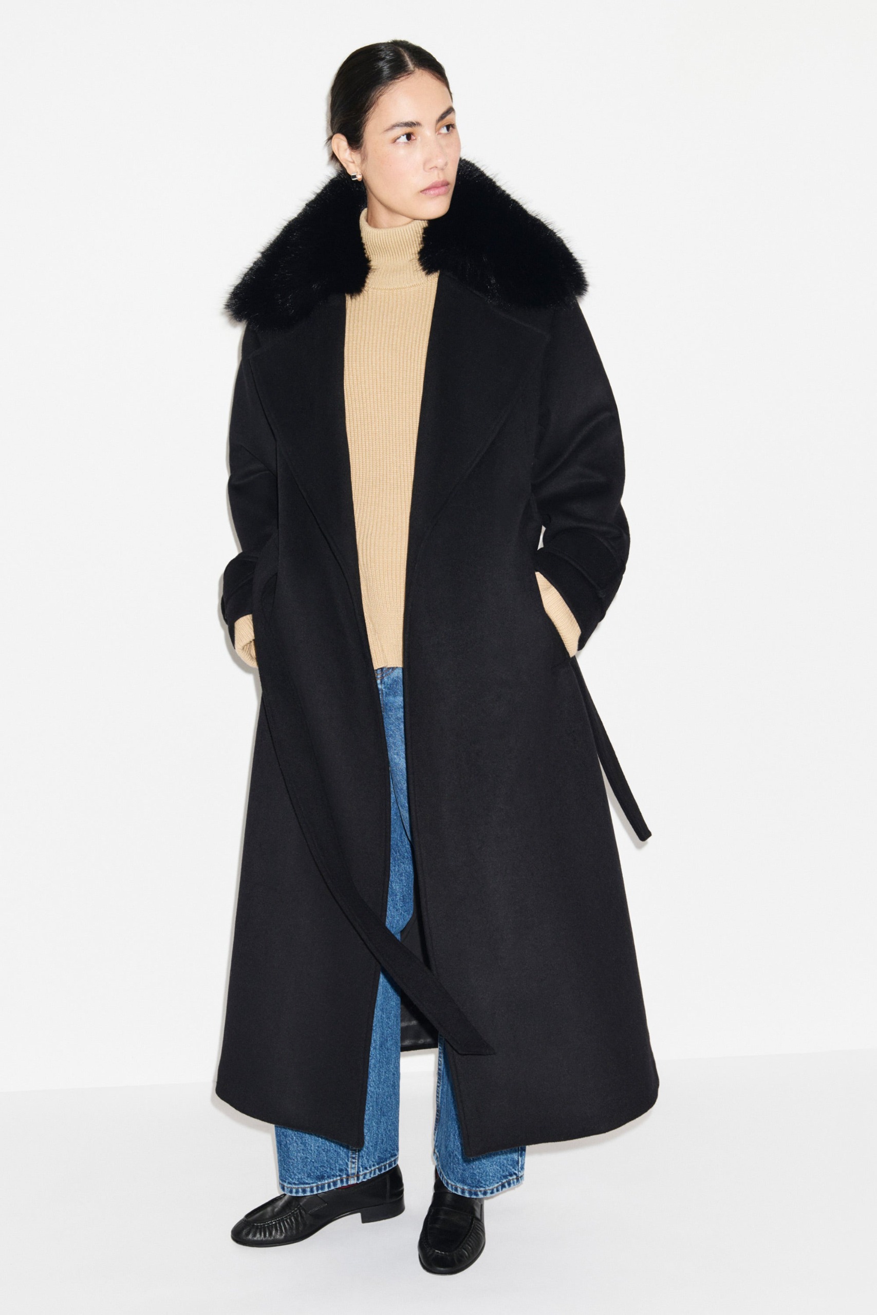George Faux Fur Collar Wrap Coat