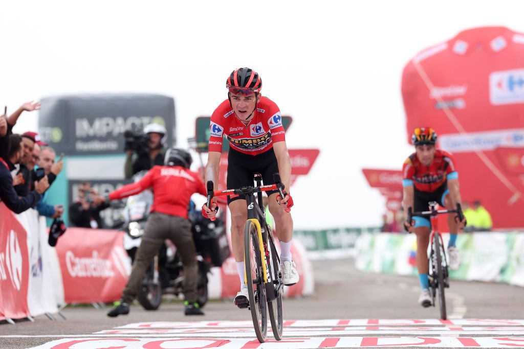 ALTU DE LANGLIRU SPAIN SEPTEMBER 13 Sepp Kuss of The United States and Team JumboVisma Red Leader Jersey crosses the finish line during the 78th Tour of Spain 2023 Stage 17 a 1244km stage from Ribadesella Ribeseya to Altu de LAngliru 1555m UCIWT on September 13 2023 in Altu de LAngliru Spain Photo by Alexander HassensteinGetty Images