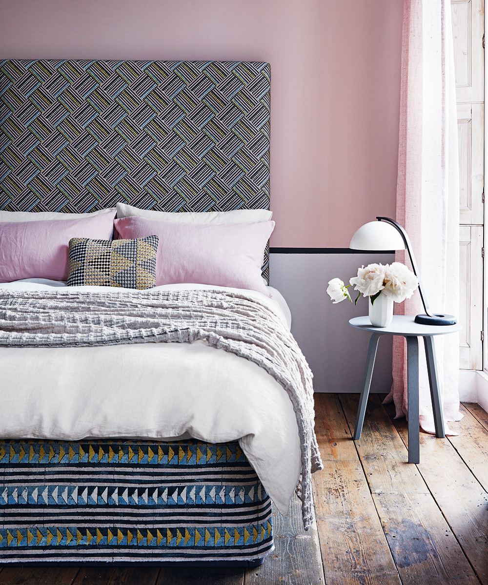 Soft pink bedroom with playful geometrics