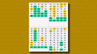 Quordle Daily Sequence answers for game 1071 on a yellow background