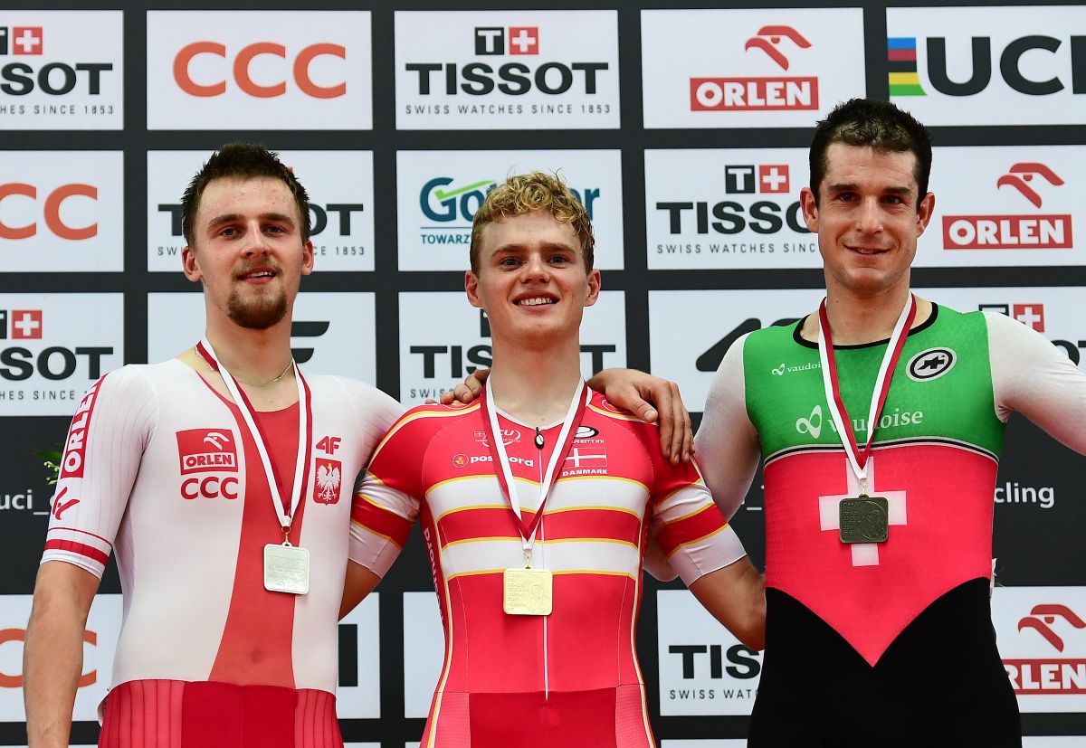 The omnium podium with Niklas Larsen (Denmark) on the top step
