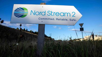 A sign advertising the Nord Stream 2 gas pipeline between Russia and Germany
