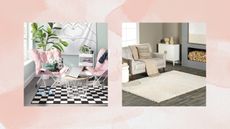 A duo of two Target rug lifestyle images on pastel pink watercolor background