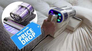 The image shows a close-up view of a hand running a mattress vacuum along the surface of a pillow. Overlaid on top of the image a blue price tag reads 'Tom's Guide price drop'