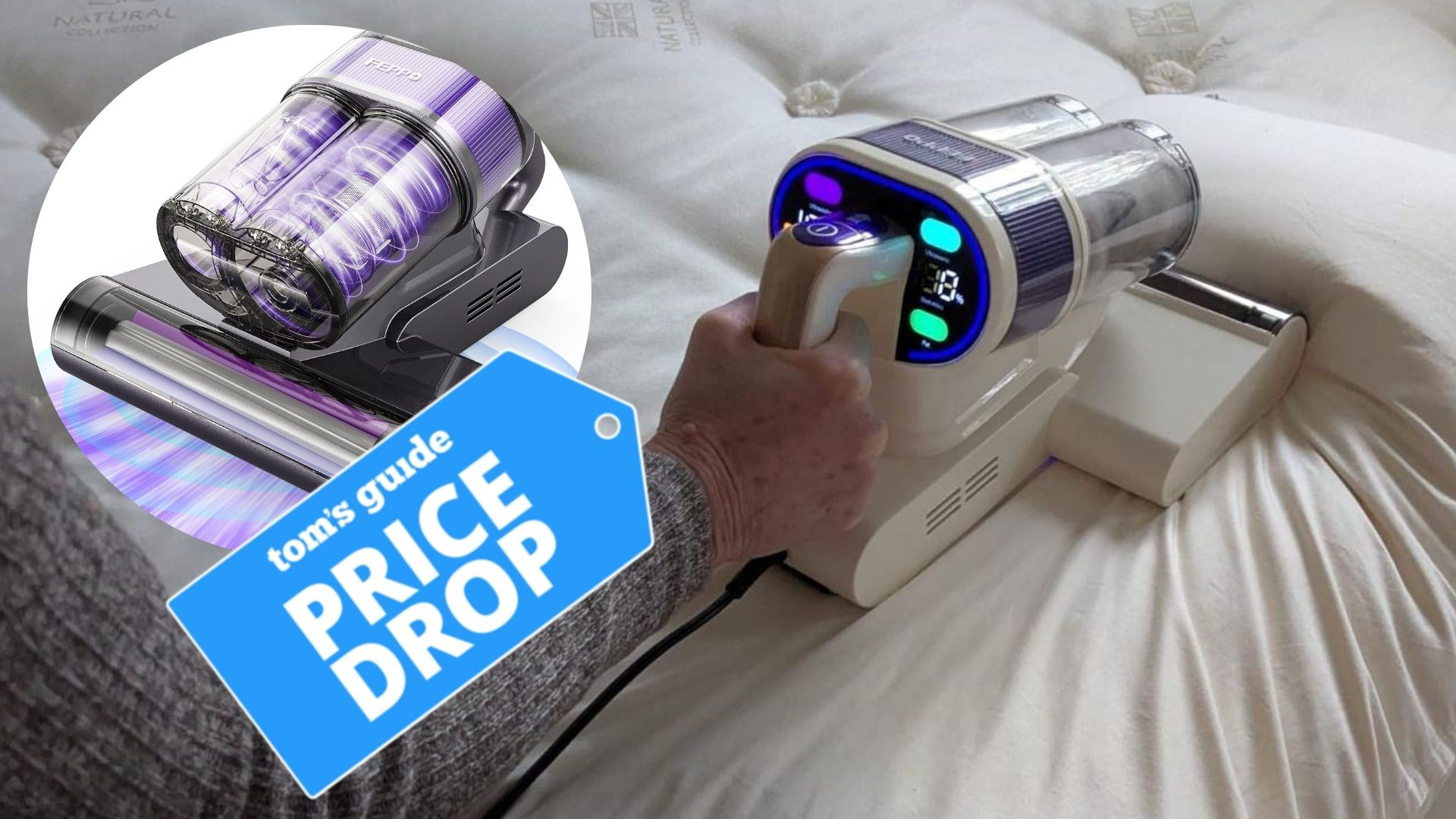 The image shows a close-up view of a hand running a mattress vacuum along the surface of a pillow. Overlaid on top of the image a blue price tag reads 'Tom's Guide price drop'