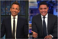 Trevor Noah and Seth Meyers laugh at Julian Assange and his cat