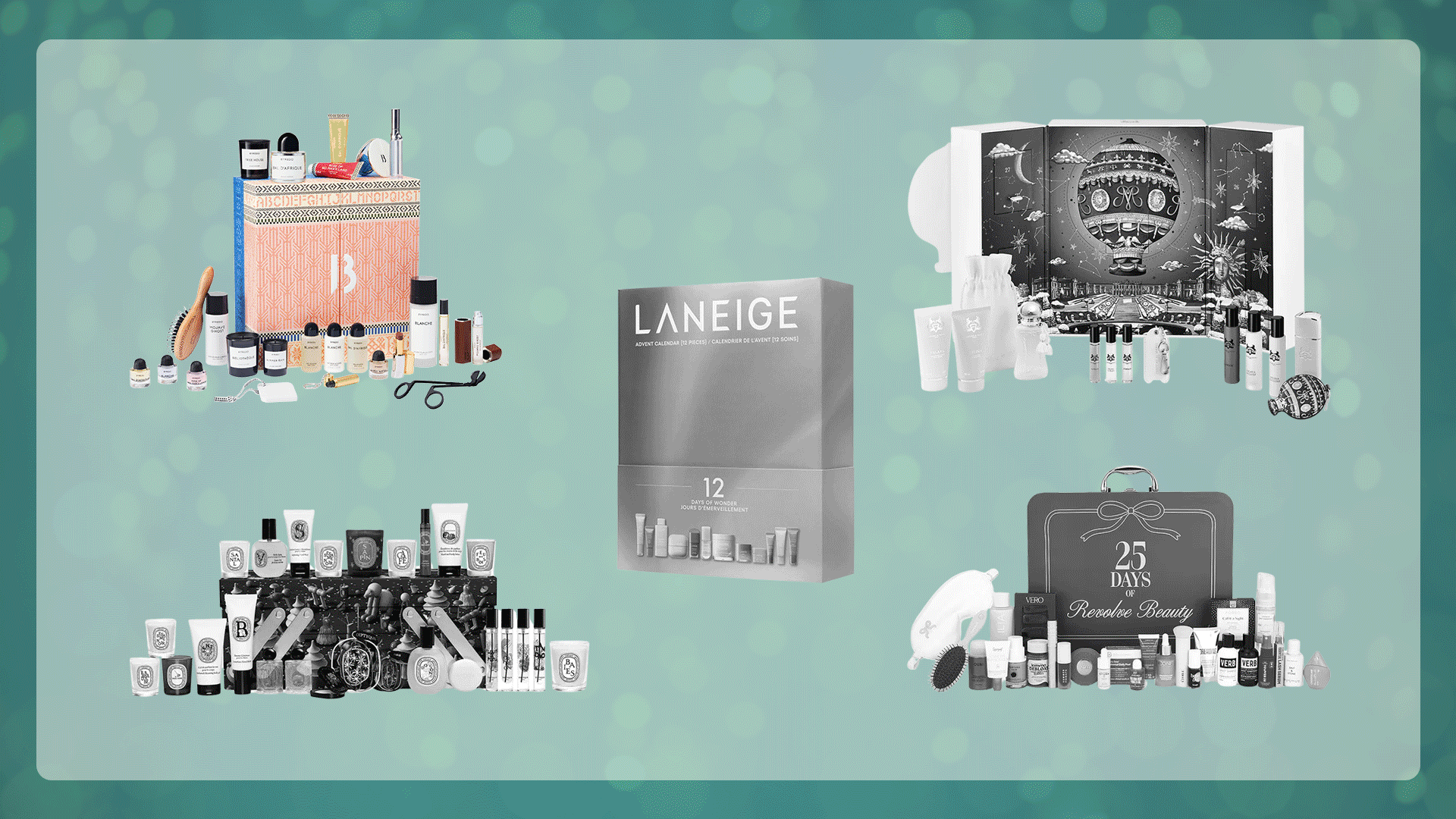 Photo collage of beauty advent calendars on a green background