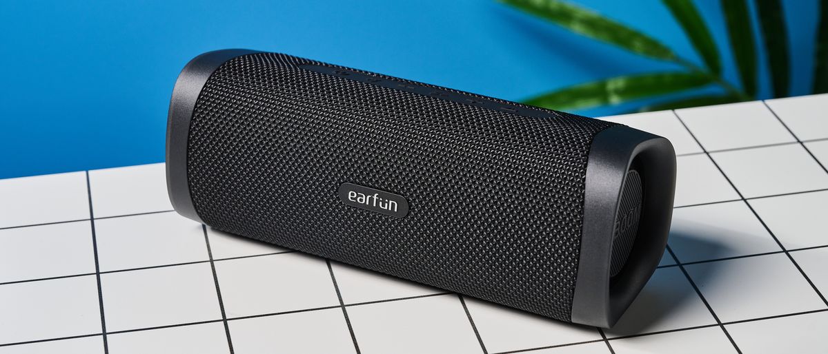 A black EarFun UBoom L wireless Bluetooth speaker