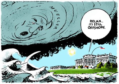 Political cartoon U.S. Trump Mueller Russia investigation hurricanes