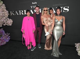 (L-R) Kris Jenner, Ben Winston, Khloé Kardashian, True Thompson, and Kim Kardashian attend the Los Angeles premiere of Hulu's new show "The Kardashians" at Goya Studios on April 07, 2022 in Los Angeles, California