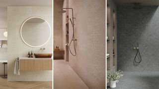 Compilation image showing three bathrooms with textured tiles in white, pinka nd grey to highlight a key bathroom trend 2024