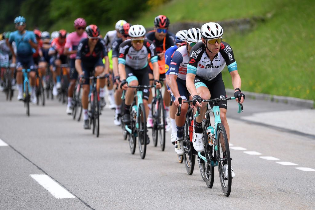 VALLE SPLUGA ALPE MOTTA ITALY MAY 29 Michael Hepburn of Australia and Team BikeExchange leads The Peloton during the 104th Giro dItalia 2021 Stage 20 a 164km stage from Verbania to Valle Spluga Alpe Motta 1727m Switzerland CHE UCIworldtour girodiitalia Giro on May 29 2021 in Valle Spluga Alpe Motta Italy Photo by Tim de WaeleGetty Images