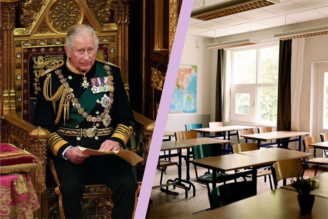 A collage of King Charles and an empty school classroom