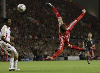 Peter Crouch scores a bicycle kick for Liverpool against Galatasaray in September 2006.