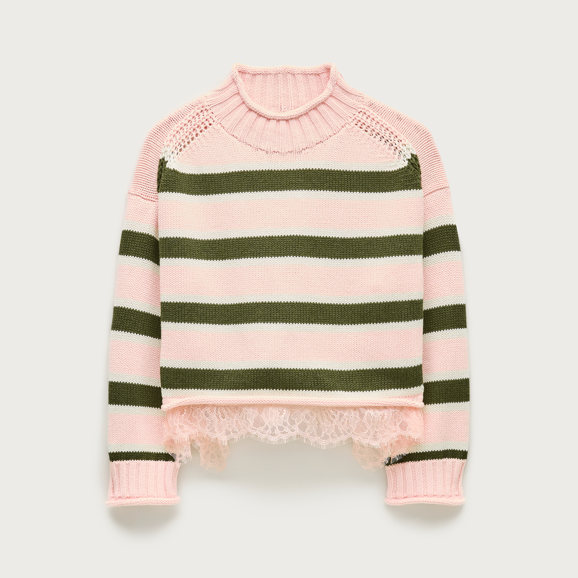 a J.Crew x Collina Strada rollneck sweater lined with lace in front of a plain backdrop