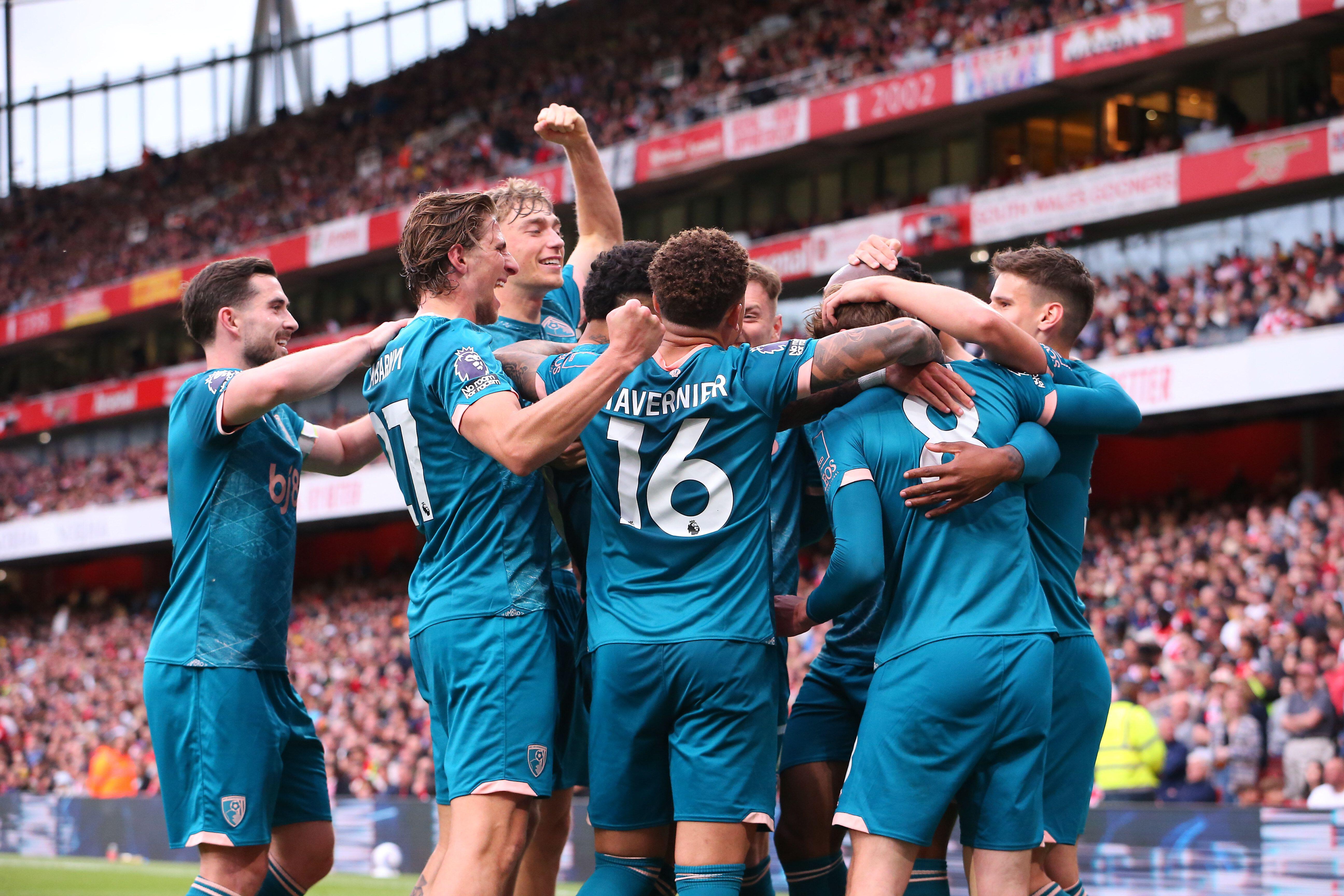 Bournemouth players celebrate Evanilson's goal against Arsenal, May 2025